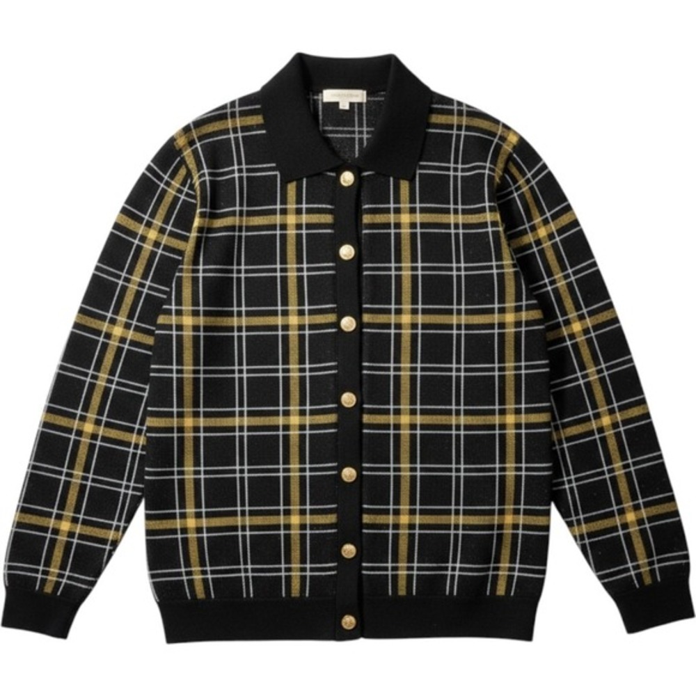 Vintage ECCOBAY Women's Cardigan Sweater Size M Black Gold Silver Metallic Plaid